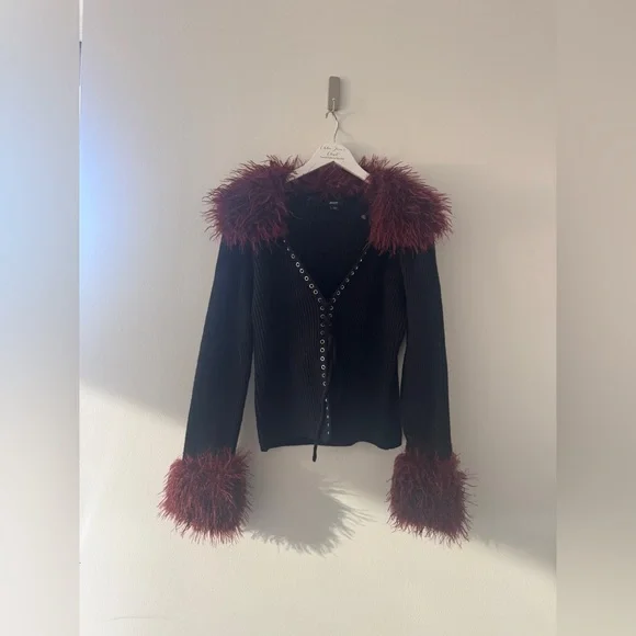 NASTY GAL Shearling Trim Lace Up Cardigan L - Picture 3 of 5